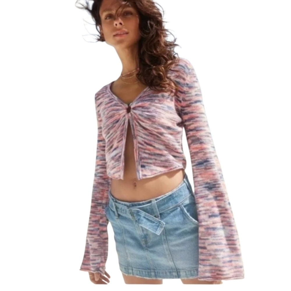 AMERICAN EAGLE OUTFITTERS S Multicolored Knit Keyhole Long Sleeve Crop Top Boho